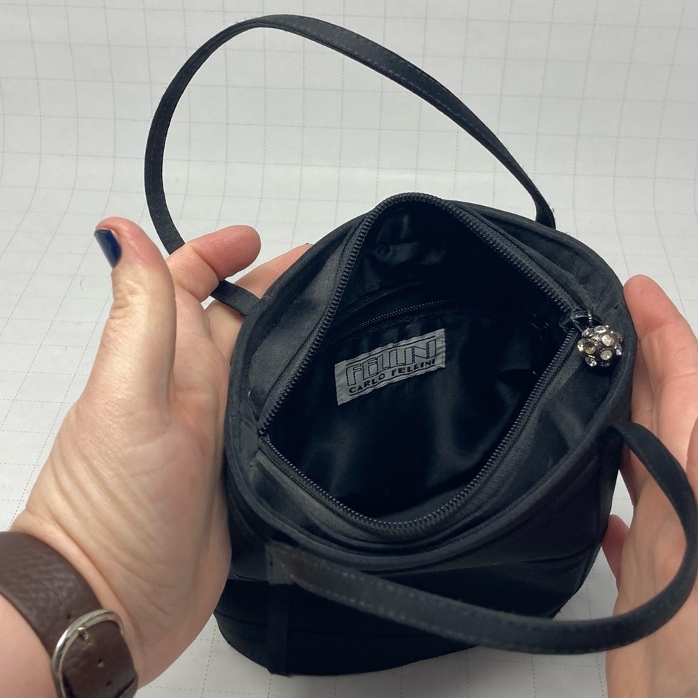 Mini Carlo Fellini black satin bucket evening bag w/ jeweled zipper ball charm - Picture 7 of 7